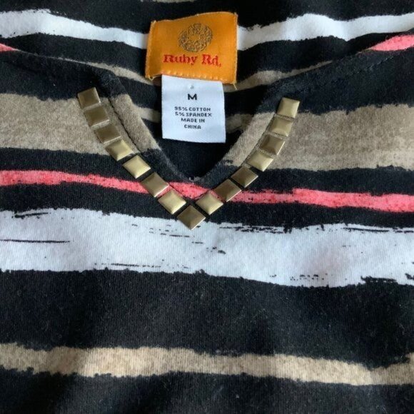 Ruby Rd quarter sleeve vneck metallic studded accents brown stripe tunic Medium - Picture 3 of 8